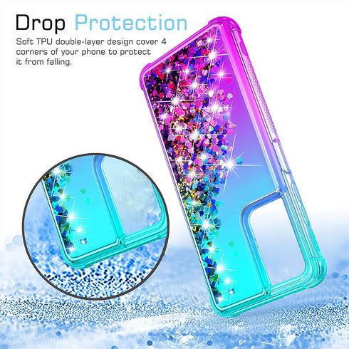 Gradient Quicksand Glitter Phone Case for Samsung Galaxy A03S, Durable Girls Cute Case with HD Screen Protector,