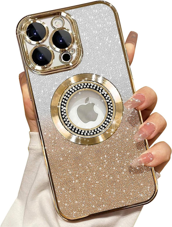 Misscase Magnetic Glitter Case for iPhone 15 Pro Max - Slim, Shockproof, Anti-Scratch, with Camera Lens Protector, Gold.