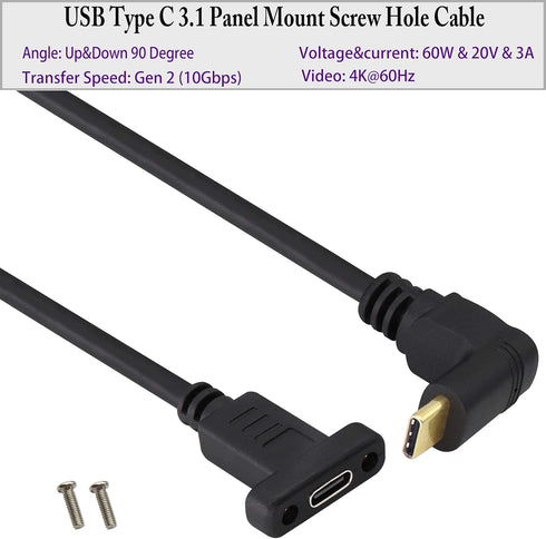 90 Degree USB 3.1 Type C Panel Mount Cable Gen 2 (1M/3ft) - Up&Down Angle, Supports Charging, Data, Audio, Video for