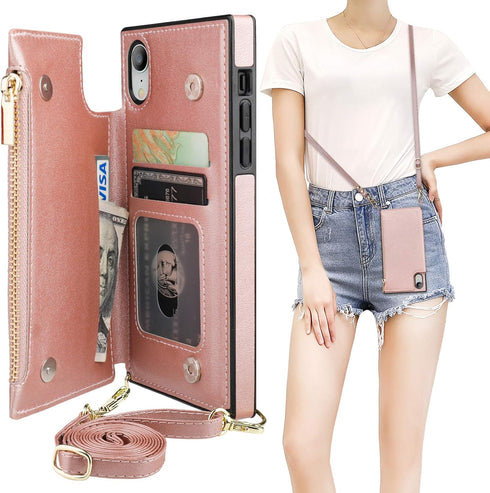 Bocasal Crossbody Wallet Case for iPhone Xr - Zipper Card Slot Protector with Removable Strap (Rose Gold)