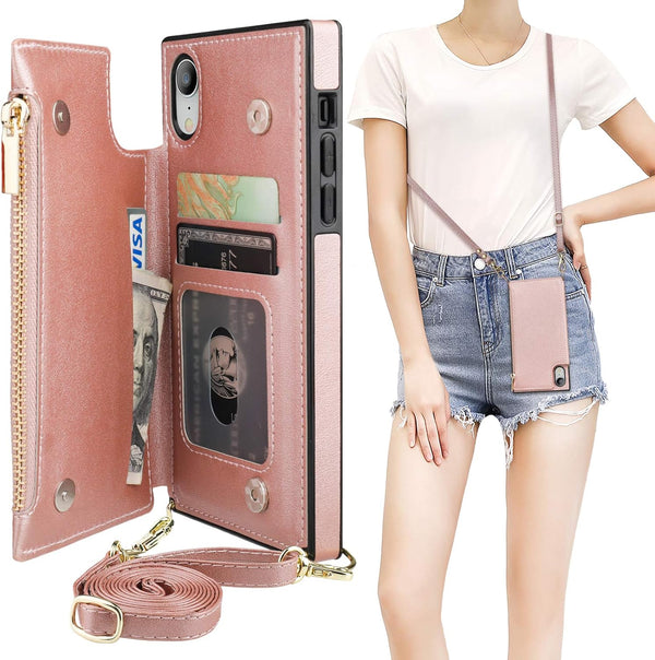 Bocasal Crossbody Wallet Case for iPhone Xr - Zipper Card Slot Protector with Removable Strap (Rose Gold)