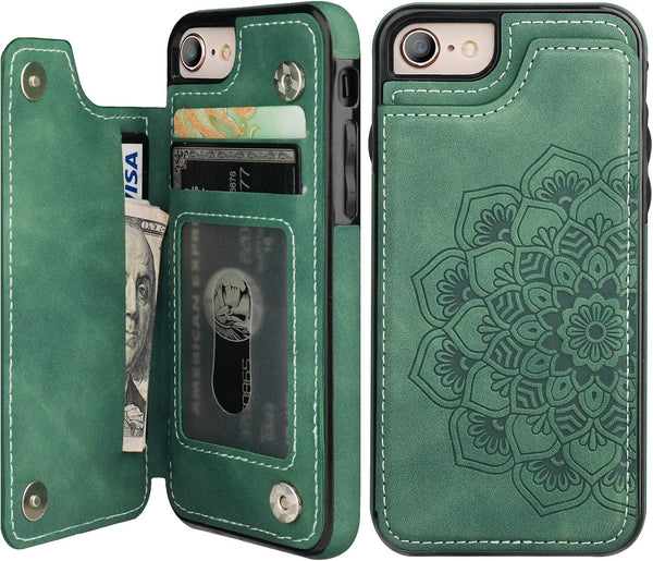 Vaburs Wallet Case for iPhone SE(2022)/SE(2020)/8/7, Embossed Mandala Pattern Flower, Green