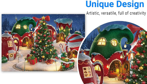 Funnytree 7x5FT Cartoon Christmas Village Photography Backdrop, Winter Snow Pine Tree Background for Kid Party
