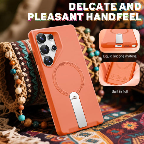 Samsung Galaxy S25 Ultra Case ExoGuard, Soft Skin-Friendly Silicone Cover, Adjustable Metal Kickstand - Orange