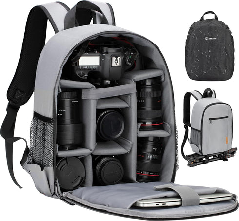 TARION Professional Camera Bag, Waterproof Backpack with Laptop Compartment for DSLR SLR Mirrorless Photography, Grey