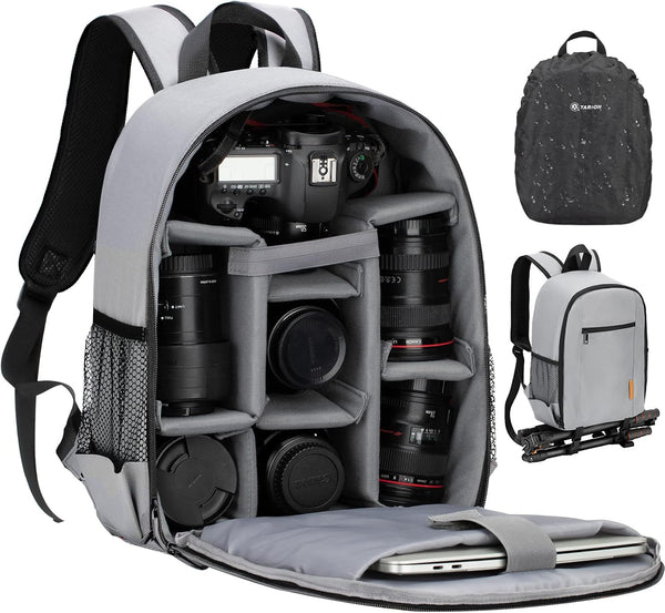 TARION Professional Camera Bag, Waterproof Backpack with Laptop Compartment for DSLR SLR Mirrorless Photography, Grey
