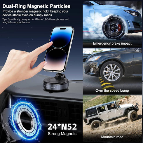 Jikasho 360 Vacuum Magnetic Car Phone Holder for Magsafe, Hands-Free Adjustable Suction Cup Phone Mount