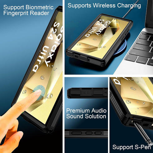 Ezanmull Waterproof Case for Samsung Galaxy S24 Ultra, Built-in Screen Protector, Dustproof Shockproof Full Body Cover
