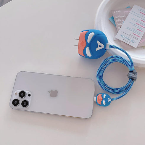 3D Cute Cartoon Charger Protector Case for Apple 20W USB-C Power Adapter and Lightning Cable (Captain America)