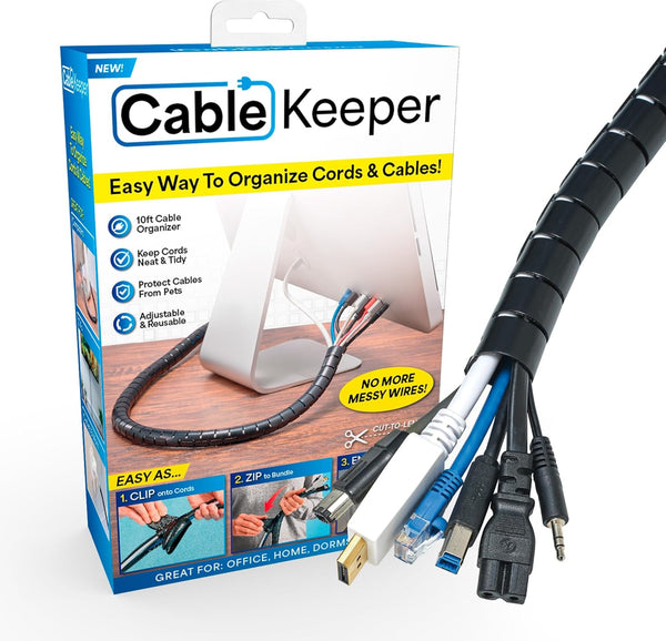 Cable Keeper Cord Organizer, 10-Foot Adjustable Cover, Reusable Desk Cord Organizer for TV & Computer
