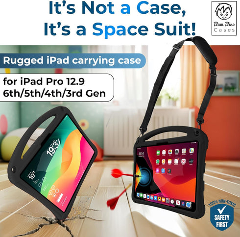 Bam Bino Space Suit Kids Case for iPad Pro 12.9" (2018-2022) Models, Screen Guard, Handle, Shoulder Strap, Cosmic Black