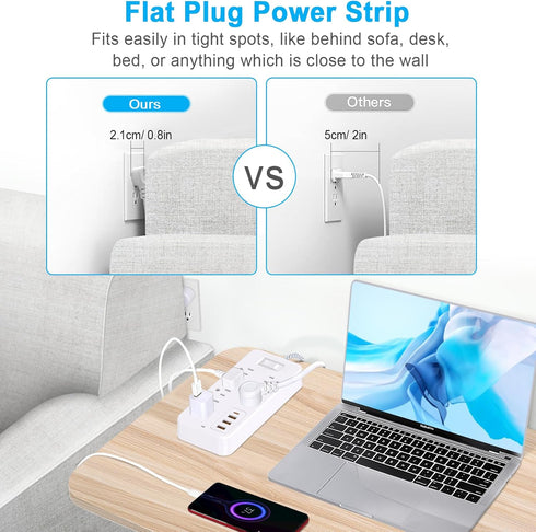 Roopersnake 8 4 Ports(1 Bluetooth Portable Speakers Extension Cord Surge Protector Power Strip - Flat Plug Braided