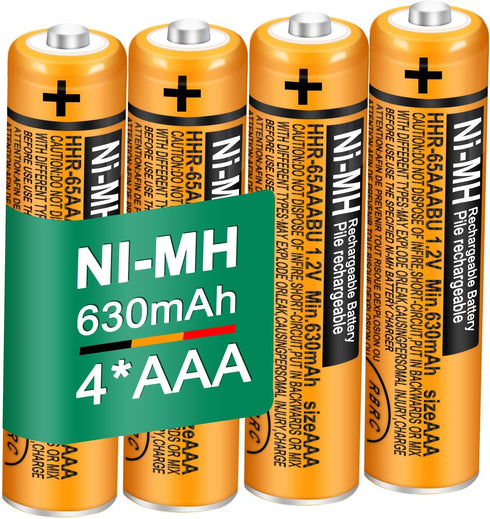 4 Pack HHR-65AAABU NI-MH Rechargeable Battery for Panasonic, 1.2V 630mAh AAA Battery for Cordless Phones