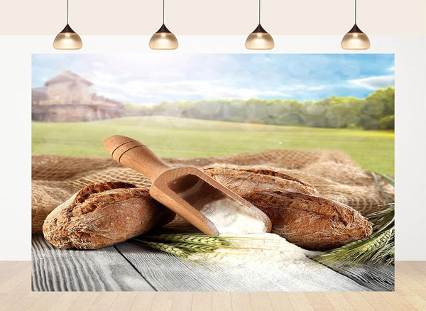 LidyMini 10x8ft Fabric Rustic Bread & Flour Backdrop Wooden Scoop Wheat Ears Farmhouse
