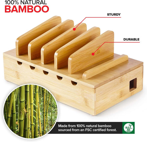 Modern Innovations Bamboo Device Organizer Charging Station for Multiple Devices (Natural) - Desk Docking Stand
