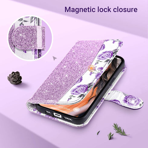 ULAK iPhone 13 Wallet Case for Women, Premium PU Leather Flip Cover with Card Holder, Kickstand - Purple Glitter