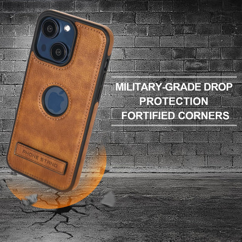 iPhone 15 Plus Leather Case, Slim Shockproof Cover with Kickstand, Flexible Soft Grip, Luxury Protection (Brown)