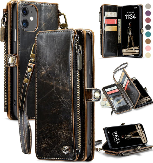 Defencase iPhone 11 Wallet Case, RFID Blocking Card Holder for Women and Men, PU Leather Magnetic Snap Flip Case, Coffee