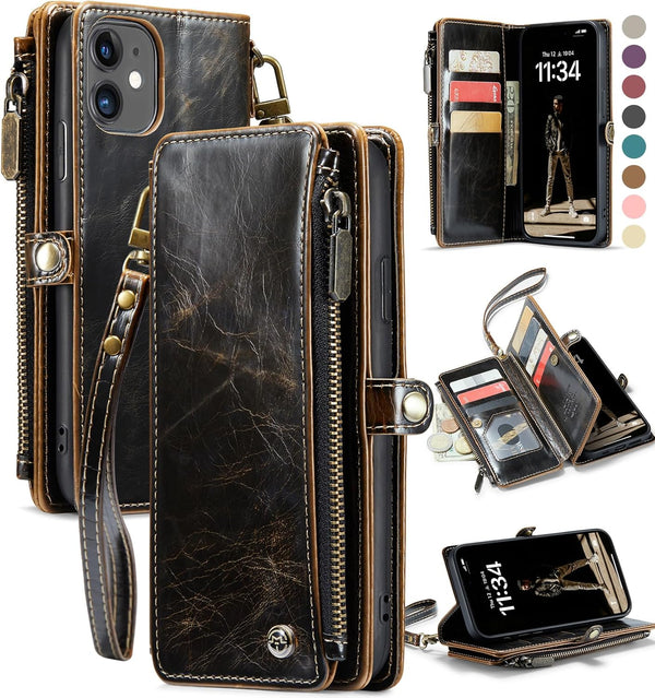 Defencase iPhone 11 Wallet Case, RFID Blocking Card Holder for Women and Men, PU Leather Magnetic Snap Flip Case, Coffee