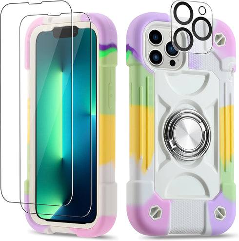 iPhone 13 Pro Max Case with Ring Stand, Heavy-Duty Shockproof Cover, 2 Pack Glass Screen Protector, Rainbow White