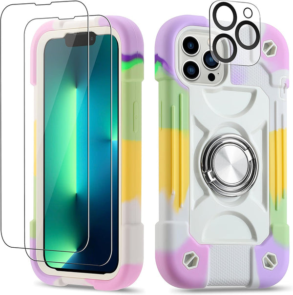 iPhone 13 Pro Max Case with Ring Stand, Heavy-Duty Shockproof Cover, 2 Pack Glass Screen Protector, Rainbow White