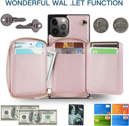 Asuwish iPhone 12 Pro Max Wallet Case: Leather Flip Cover with Zipper Card Holder, Screen Protector, Stand - Rose Gold.