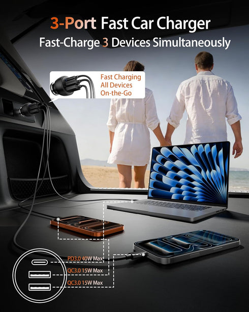 power-7 2 Pack 70W 3-Port 17/Air/16/15/14/13/12 S25/S24/S23, USB C Car Charger, PD/QC Fast Charging Cigarette Lighter