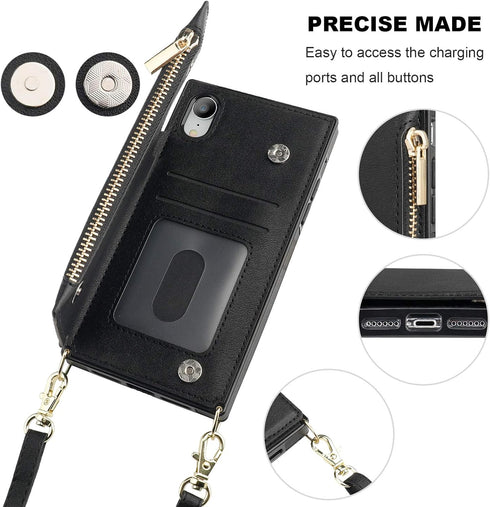 Bocasal Crossbody Wallet Case for iPhone Xr, Zipper Card Slot Protector with Removable Strap, 6.1 Inch (Black)