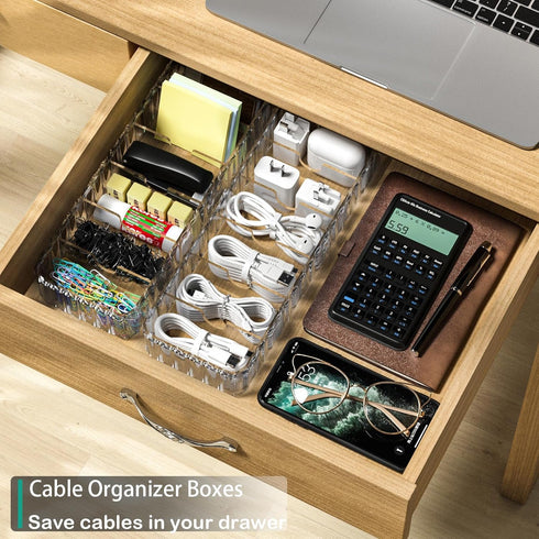 Cable Storage Boxes Organizers 2 Pack, Stackable Cord Charger Storage Organizer Box Case with 20pcs Cable Ties, Clear
