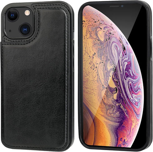iPhone 13 Wallet Case - Black PU Leather, Card Holder, Kickstand, Double Magnetic Clasp, Shockproof, 6.1 Inch.