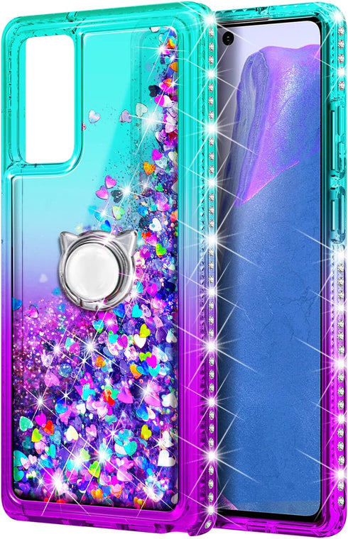 NZND Designed for Samsung Galaxy A03S Case, AO3S Phone Case, Glitter Liquid Floating Waterfall Girls Women Kids Cute Case with Tempered Glass Screen Protector/Ring Holder/Wrist Strap (Aqua/Purple)