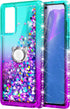 NZND Designed for Samsung Galaxy A03S Case, AO3S Phone Case, Glitter Liquid Floating Waterfall Girls Women Kids Cute Case with Tempered Glass Screen Protector/Ring Holder/Wrist Strap (Aqua/Purple)