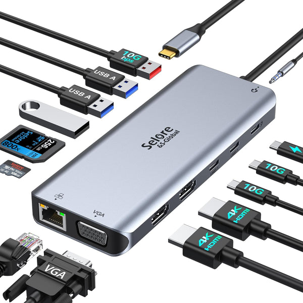 Selore USB C Docking Station Dual Monitor, 14 in 1 with 3 Monitors, 2 HDMI, VGA, 10G USB A/C Ports