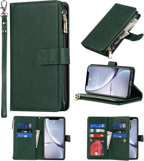 Jaorty Wallet Case for iPhone XR, 9 Card Slots, Wrist Strap, Zipper Cash Pocket, Shockproof Slim Case (Dark Green)