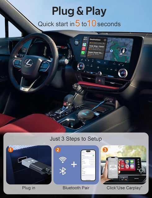 Wireless CarPlay Adapter, Convert Wired to Wireless Dongle, Plug & Play for Factory OEM Wired CarPlay, Fit for iPhone