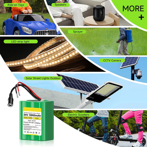 CITYORK 24V 3000mAh 24 Lithium Battery with Charger, Bare Leads, Volt Rechargeable Battery Compatible with DIY Project