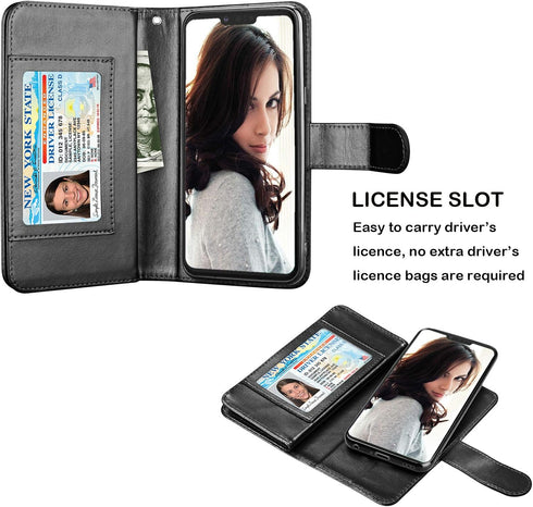 NJJEX Compatible with LG G8 ThinQ Case, PU Leather Wallet Case with 9 Card Slots, Detachable Kickstand, Black