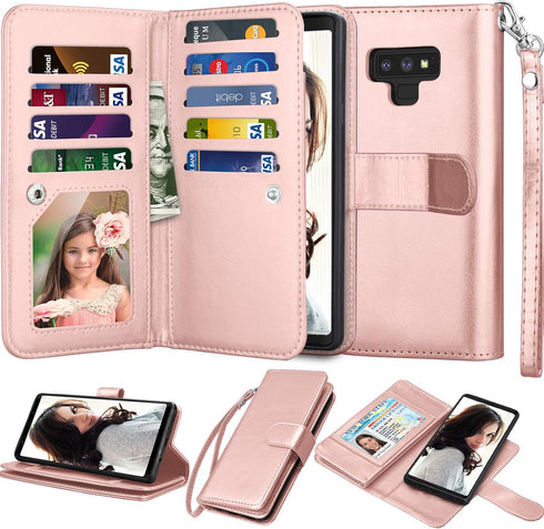 Njjex Luxury Wallet Case for Galaxy Note 9 - PU Leather, 9 Card Slots, Detachable, Kickstand, Magnetic Phone Cover with