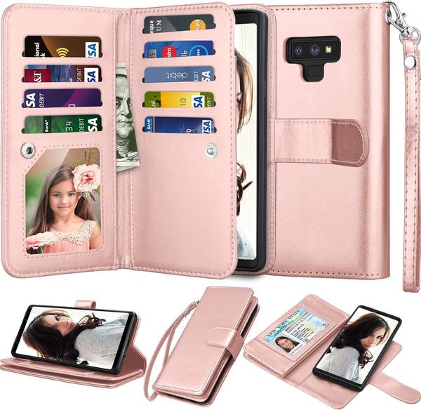 Njjex Luxury Wallet Case for Galaxy Note 9 - PU Leather, 9 Card Slots, Detachable, Kickstand, Magnetic Phone Cover with