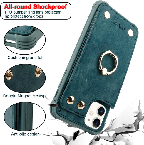 iPhone 11 Wallet Case with Credit Card Holder, Leather Shockproof Cover with 360° Rotation Ring Stand - Blue Green