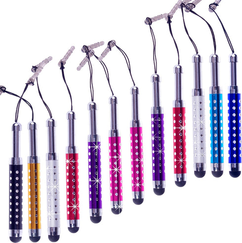 ECO-FUSED 12 Adjustable Bling Stylus Pen Bundle - 3.5mm Jack Connector for All Capacitive Touchscreen Devices
