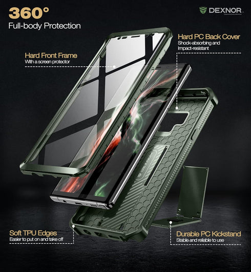 Dexnor Heavy Duty Full Body Case for Samsung Galaxy Note 9 (6.4") - Shockproof, Military Grade, with Kickstand & Screen