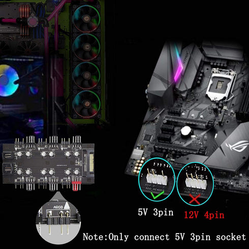 12V 4Pin PWM & 5V 3Pin ARGB with SATA 15Pin Power 2-in-1 Hub - 6 Way Sync CPU Cooling Fan Addressable RGB Lighting