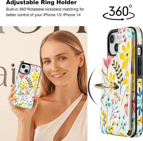 HAOPINSH Wallet Case for iPhone 13/14 with Card Holder, 360° Rotation Ring Kickstand, RFID Blocking Leather for Girls