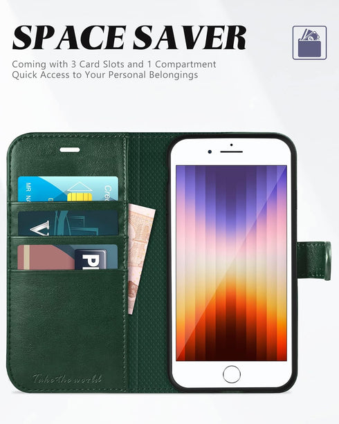 TUCCH Wallet Case for iPhone SE 2022/SE 2020/8/7, PU Leather Folio with Stand, Card Slot, Midnight Green