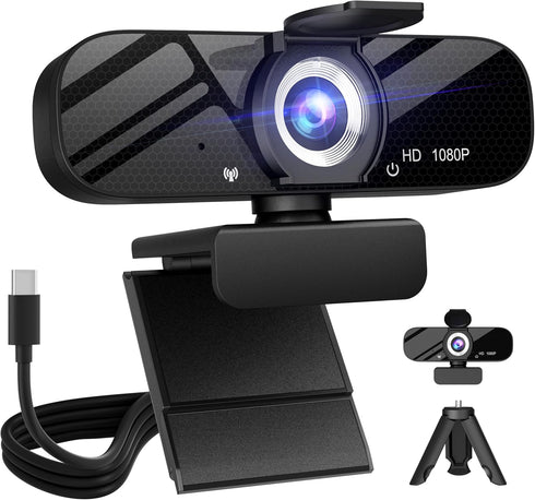 Tewiky Full HD Webcam with Built-in Microphone and Rotatable Tripod, 1080P Video and