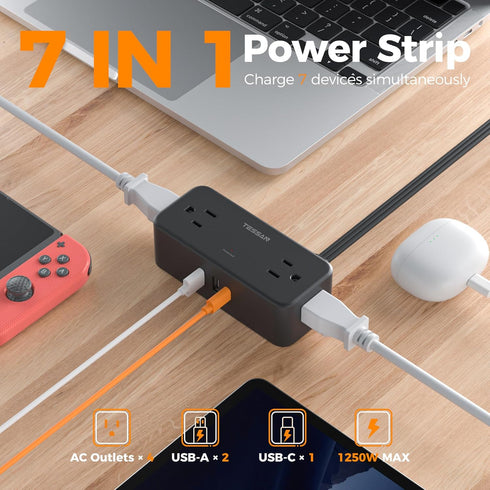 TESSAN 5 4 1 2 900 Flat Plug Extension Cord FT, Surge Protector Power Strip with AC Outlets USB C and USB A Ports