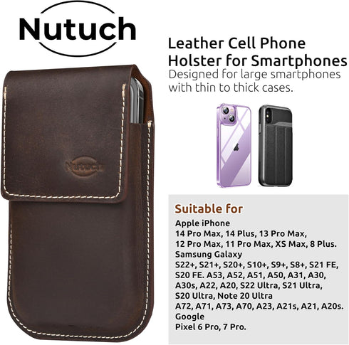 Genuine Leather Phone Holster with Belt Clip, Cell Phone Pouch for iPhone and Smartphone, Leather Phone Case