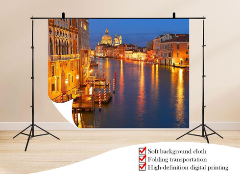UPXIO 10x8ft Venice Grand Canal Night Backdrop Golden Lights Basilica Illumination Scenery Photo Background Tapestry