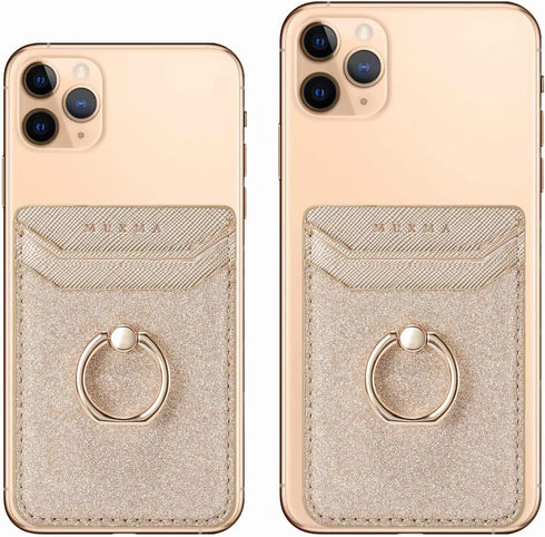 Card Holder Sleeve with Kickstand Ring for Women - 2 Pieces RFID Credit Wallet Glitter Stick On Back Grip (Pink + Gold)